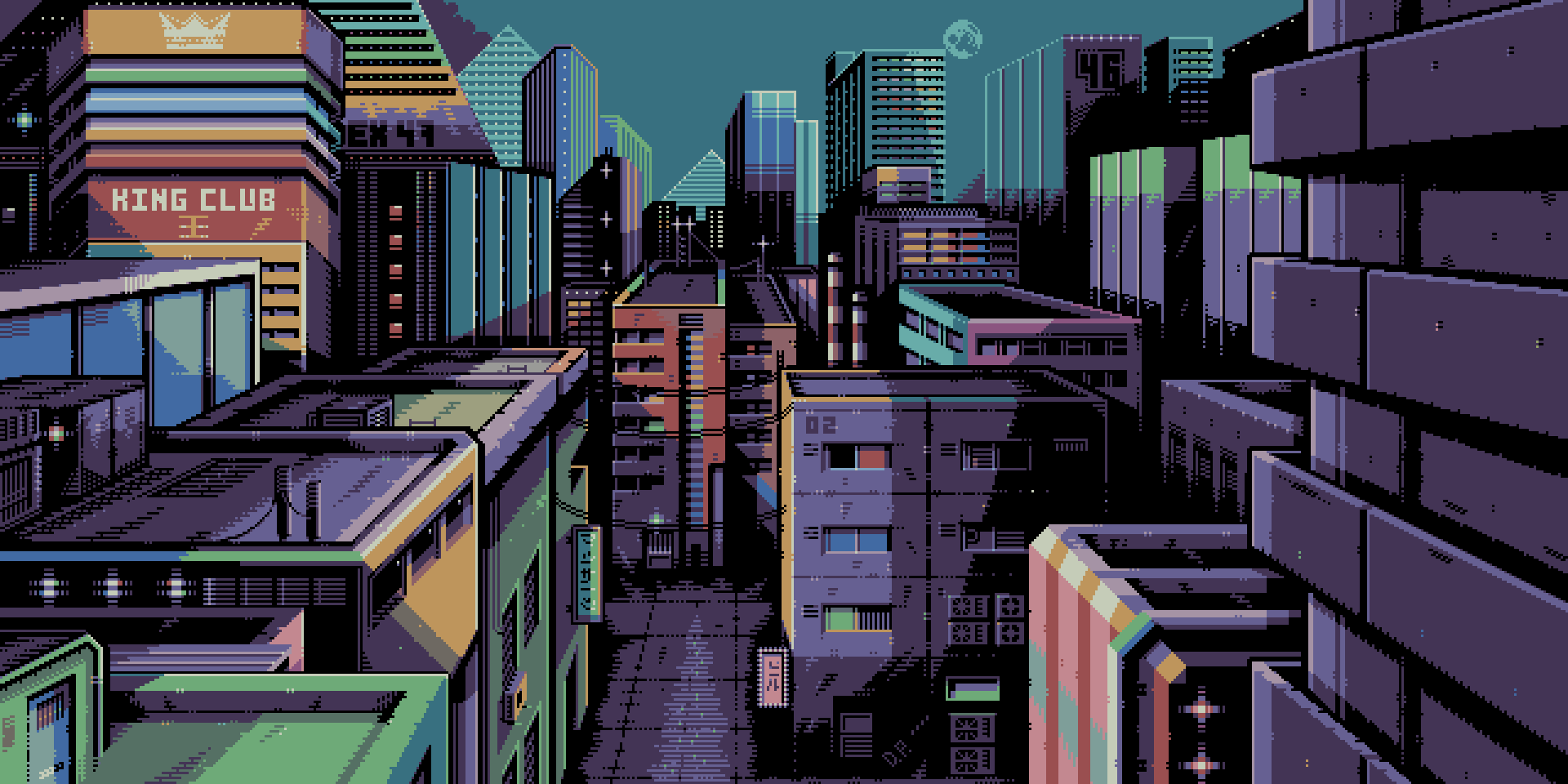 HD artistic pixel art of a vibrant cityscape at dusk, featuring detailed buildings and a moody sky, designed as a PC desktop wallpaper and background.