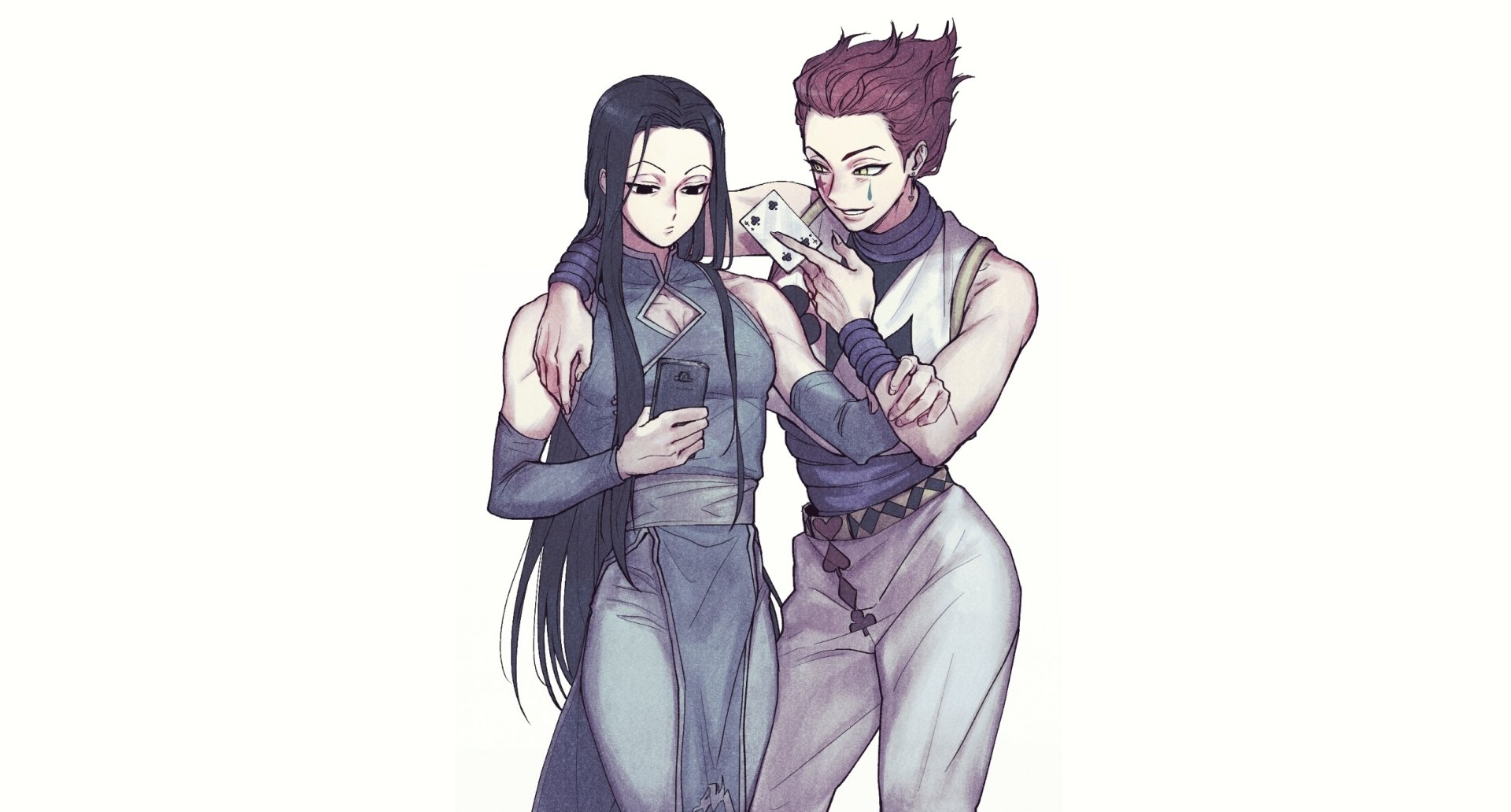 HD PC desktop wallpaper featuring Hisoka and Illumi Zoldyck from Hunter × Hunter, anime-style portrait: Hisoka holding cards while Illumi checks a phone, pale minimalist background.