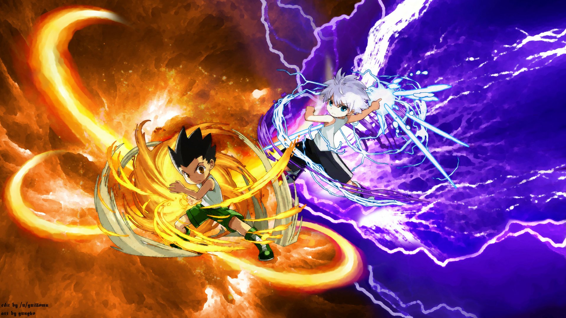 HD PC desktop wallpaper featuring Killua Zoldyck and Gon Freecss from the anime Hunter x Hunter, showcasing dynamic elemental energy effects in vibrant orange and purple hues.