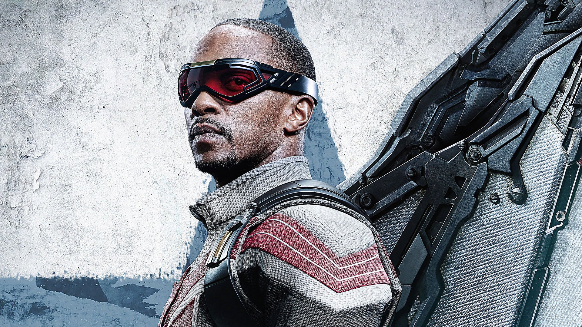 4K Ultra HD PC wallpaper of Marvel's Falcon from The Falcon and the Winter Soldier — close-up profile with tactical wings, red-accented suit and flight goggles.