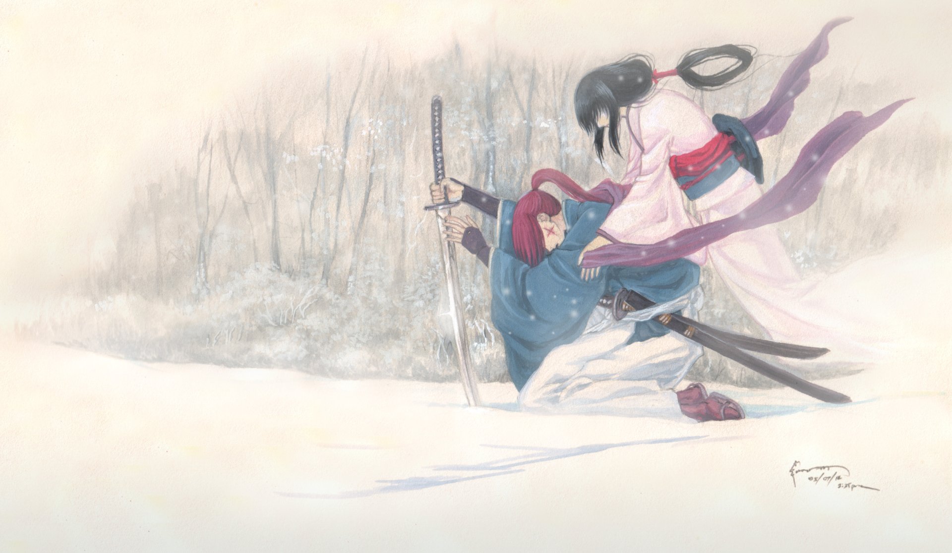 HD PC desktop wallpaper featuring Tomoe Yukishiro and Kenshin Himura from the anime Rurouni Kenshin in a snowy, serene battlefield scene.