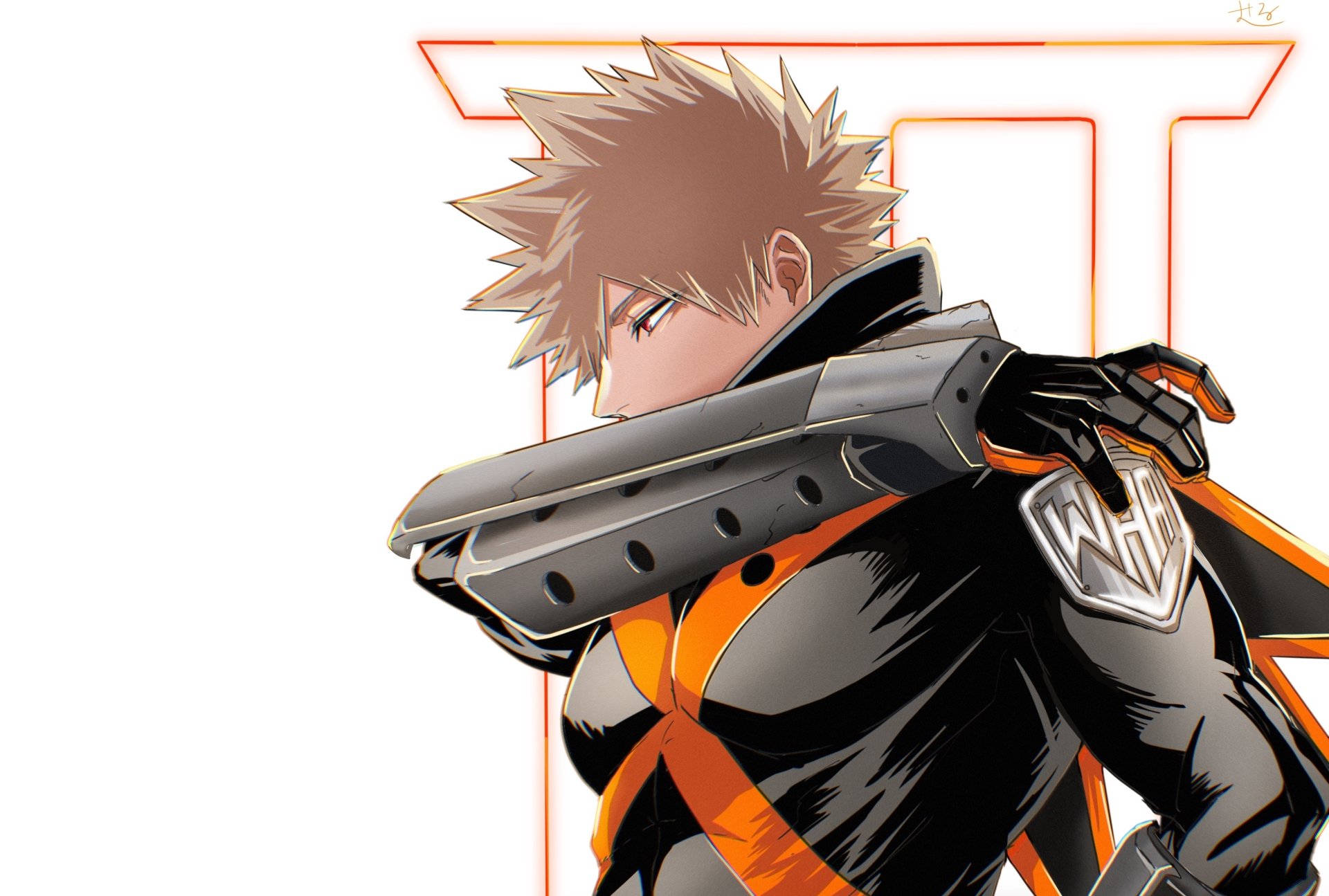 HD anime desktop wallpaper featuring Katsuki Bakugou from My Hero Academia in his hero costume with a bold, dynamic pose against a minimalist white background.