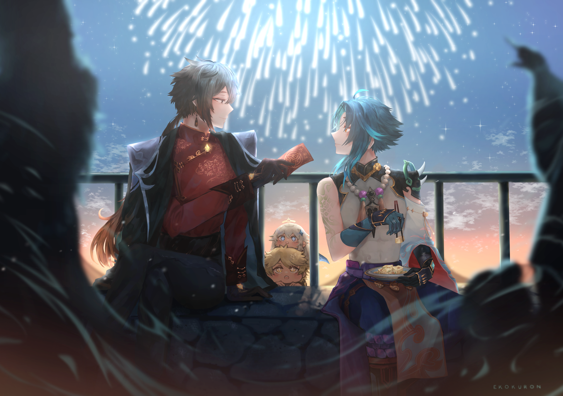 4K Ultra HD Genshin Impact wallpaper featuring characters Zhongli, Xiao, Paimon, and Aether sharing a moment under a glowing sky on a PC desktop background.