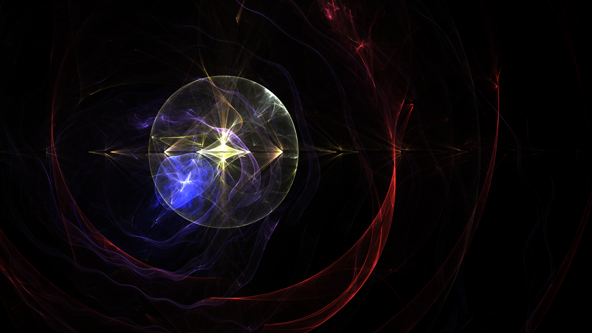Abstract energy swirl: a luminous blue‑gold orb surrounded by red filamentary waves on a black field — 4K Ultra HD PC desktop wallpaper and background.