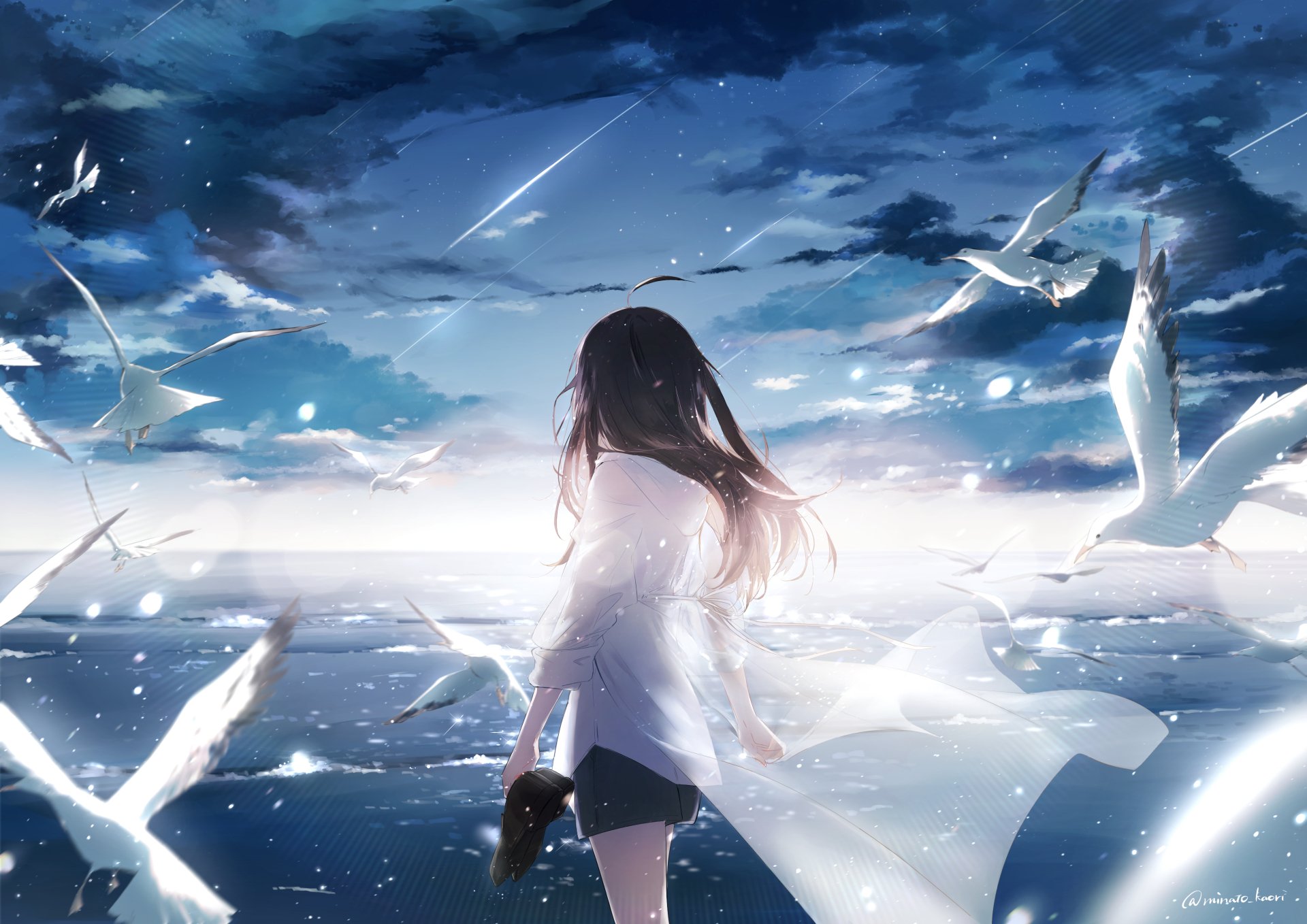 Anime girl with black hair and shorts stands by the shimmering water under a vast sky filled with clouds and birds, captured in stunning 4K Ultra HD detail.