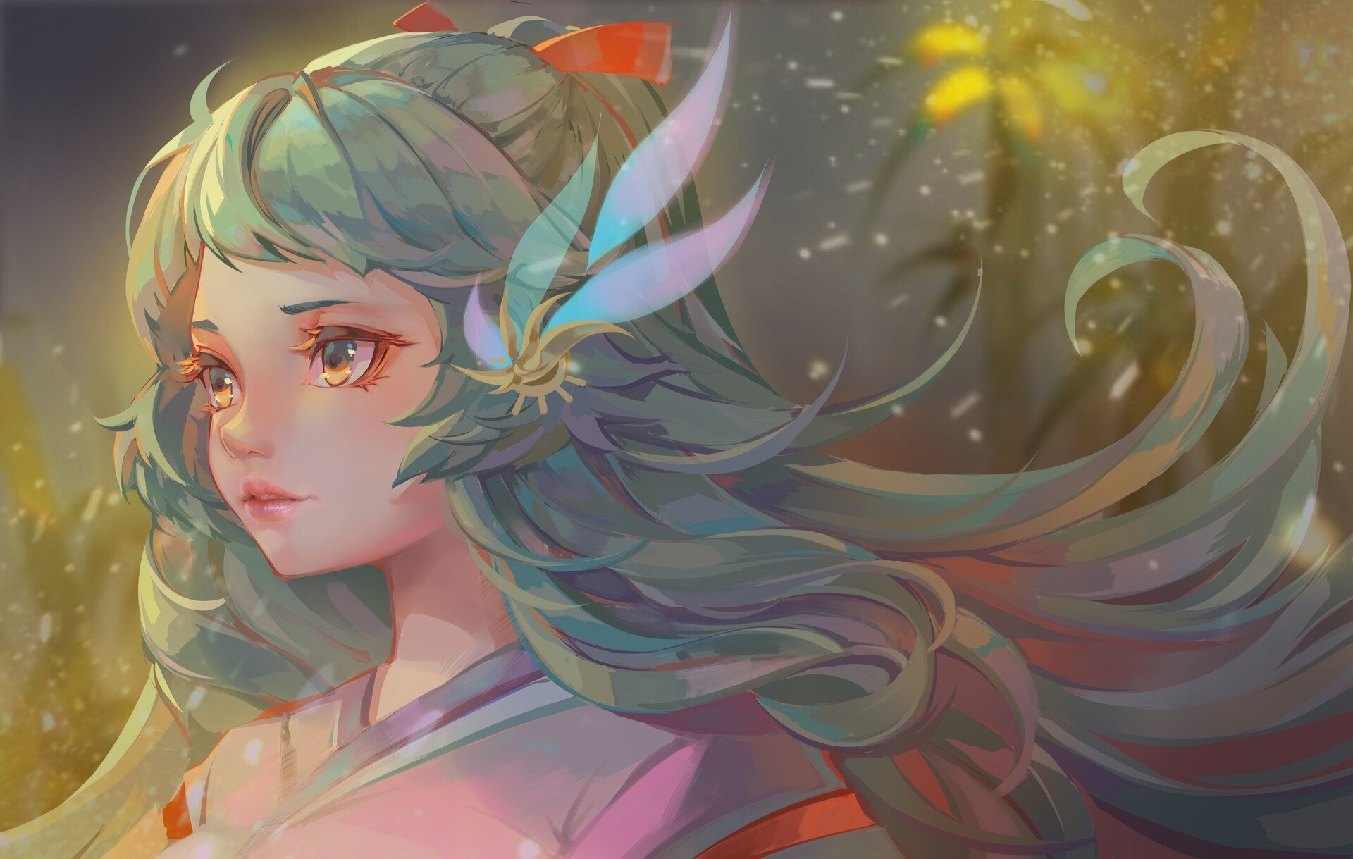 A fantasy-themed HD desktop wallpaper featuring a woman with flowing aqua hair and striking aqua eyes, set against a softly glowing, ethereal background.
