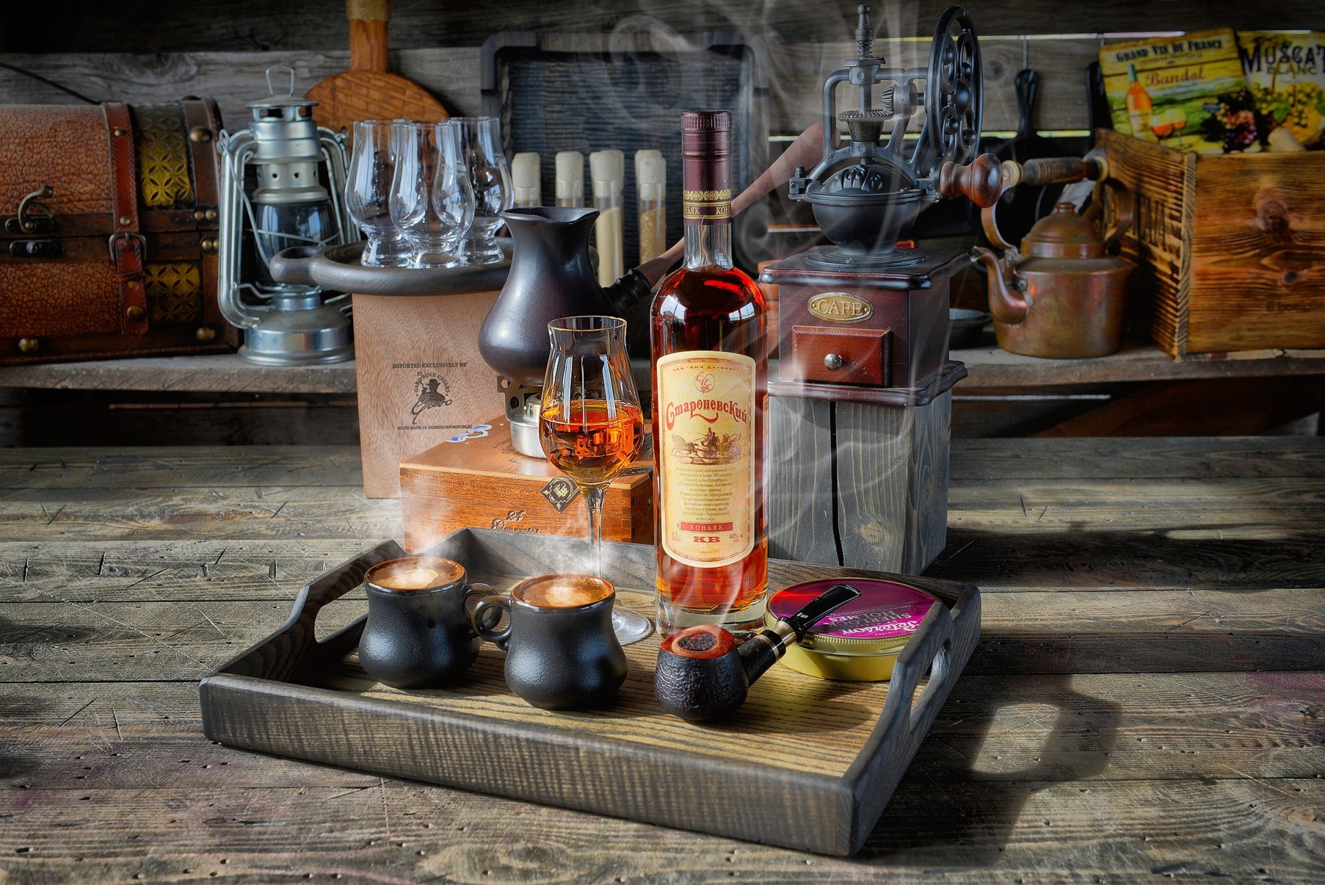 Download Glass Cognac Coffee Bottle Photography Still Life HD Wallpaper