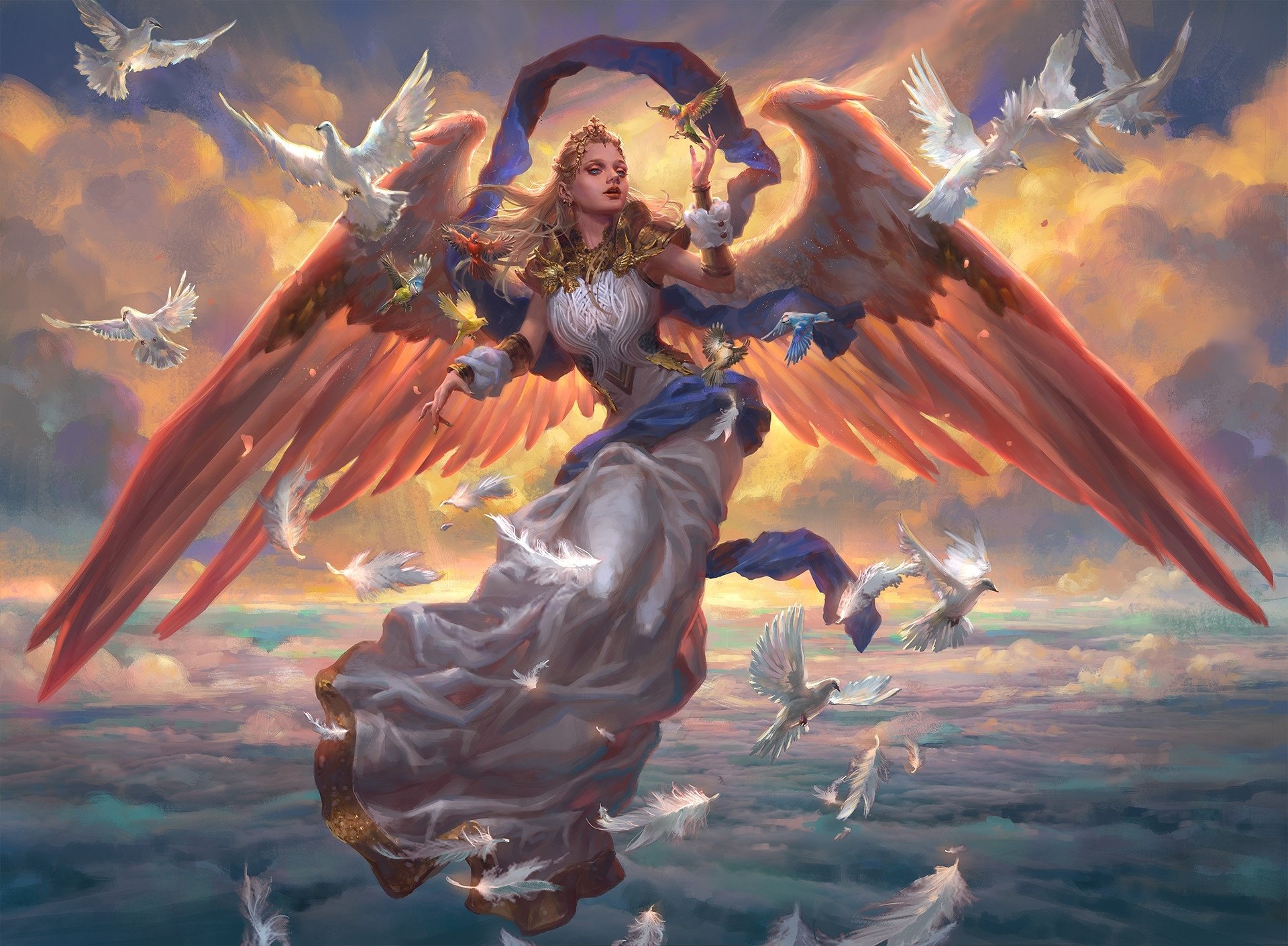 A blonde angel with large wings surrounded by white birds, soaring above the clouds in a vibrant fantasy HD PC desktop wallpaper.