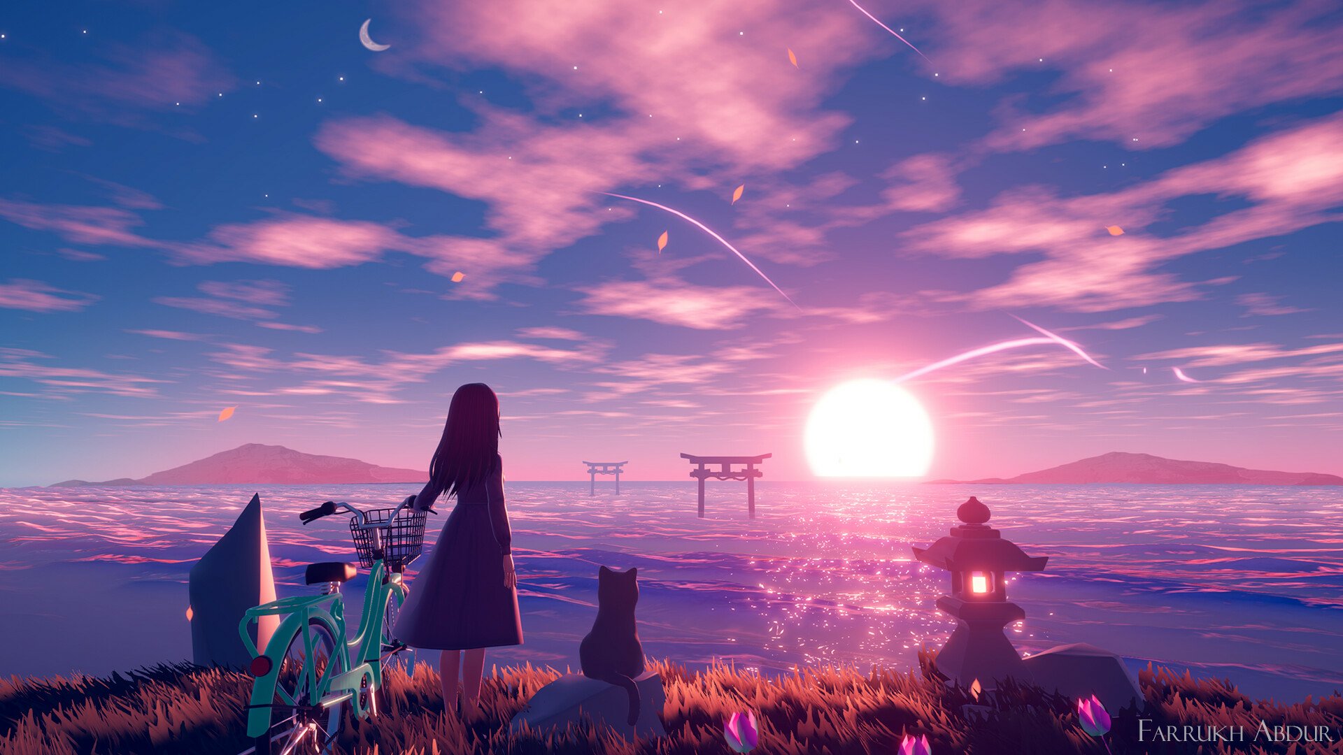 An anime girl in a dress and an anime cat stand by a bicycle near water, watching a vibrant sunset with clouds and distant torii gates on this HD desktop wallpaper.