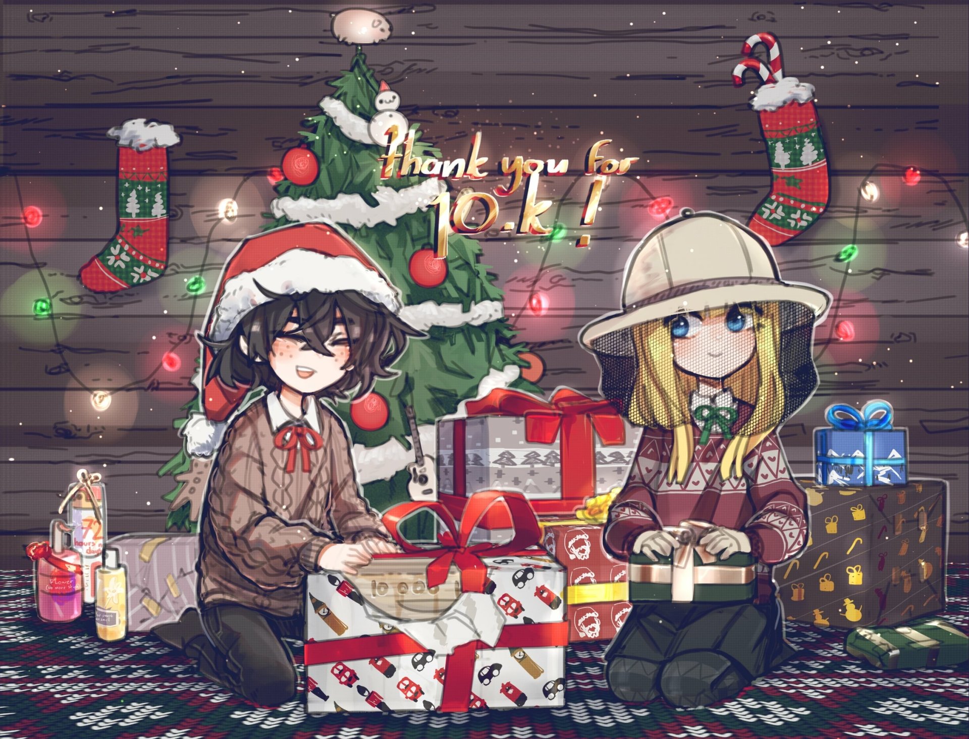 Anime-style Christmas scene with two characters sitting by a decorated tree surrounded by wrapped gifts, stockings, and festive lights, designed as an HD PC desktop wallpaper.