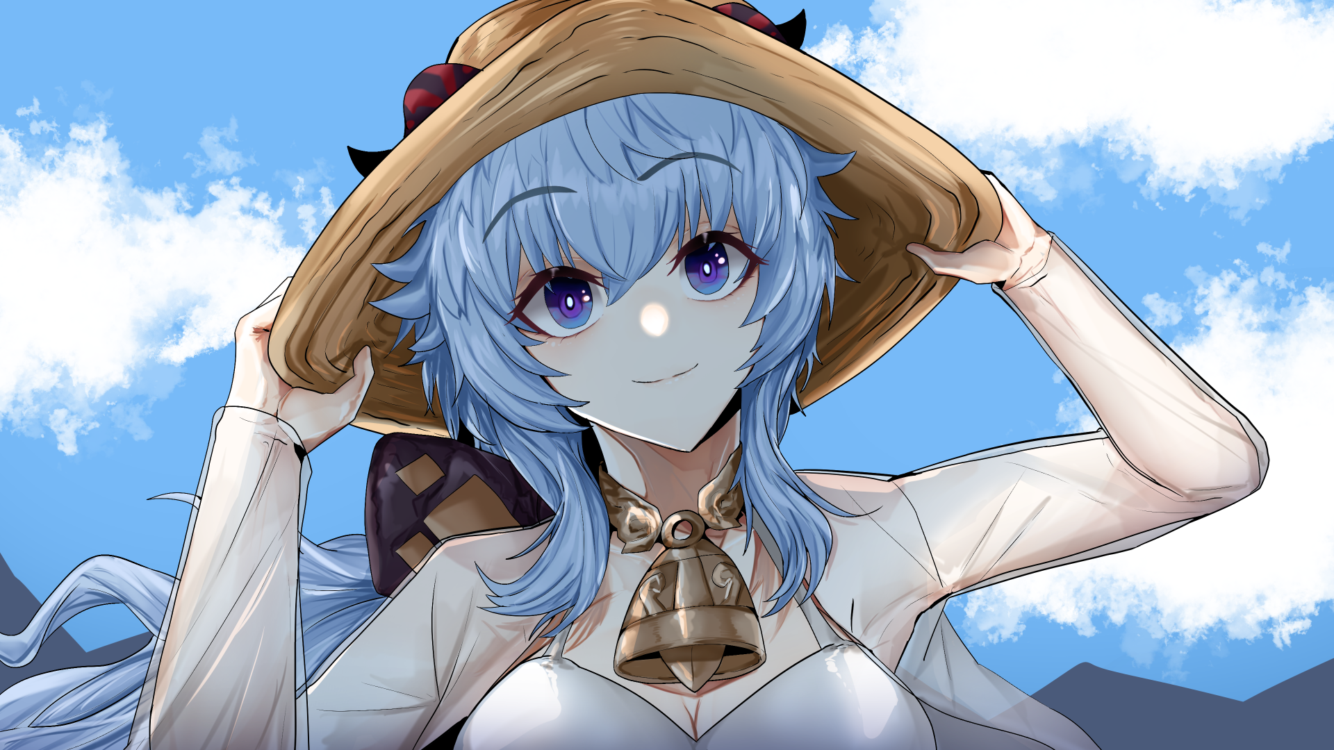 Ganyu (Genshin Impact) wearing a straw hat, smiling against a bright blue sky — 4K Ultra HD PC desktop wallpaper of the video game character.