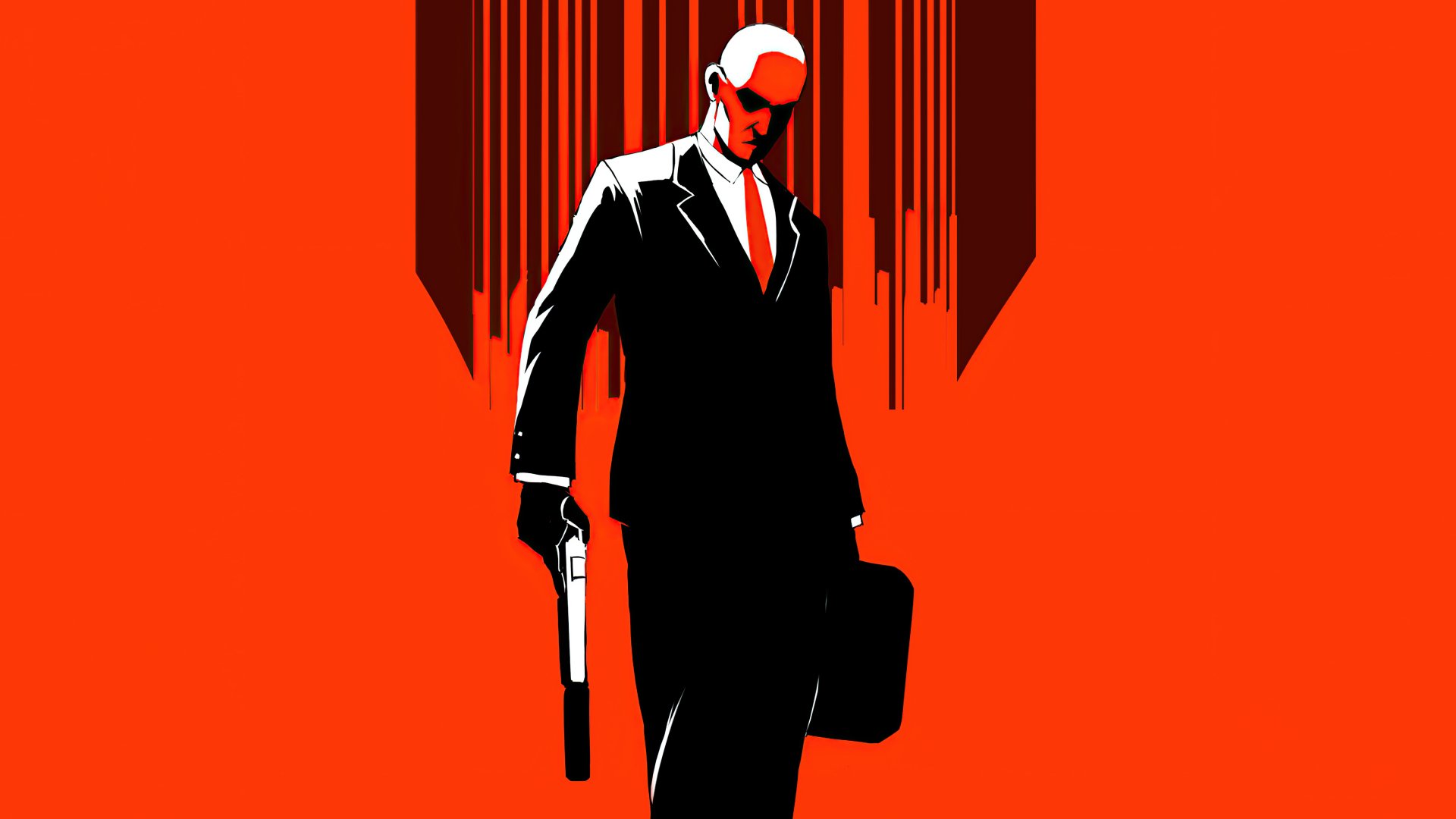Minimalist Hitman video game 5K Ultra HD PC desktop wallpaper: bald suited agent in black suit and red tie holds a pistol and briefcase against a red background with barcode motif.