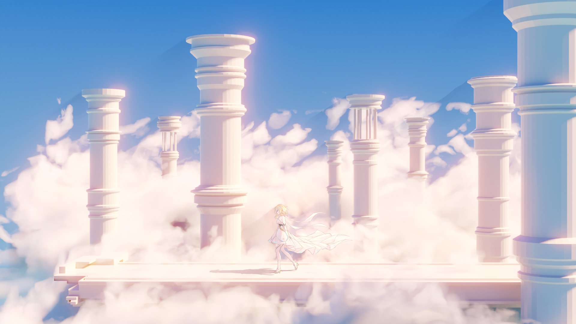 A stunning 8K Ultra HD wallpaper featuring Lumine from Genshin Impact, set against a dreamy sky with majestic clouds and ancient pillars, capturing the game's enchanting aesthetic.