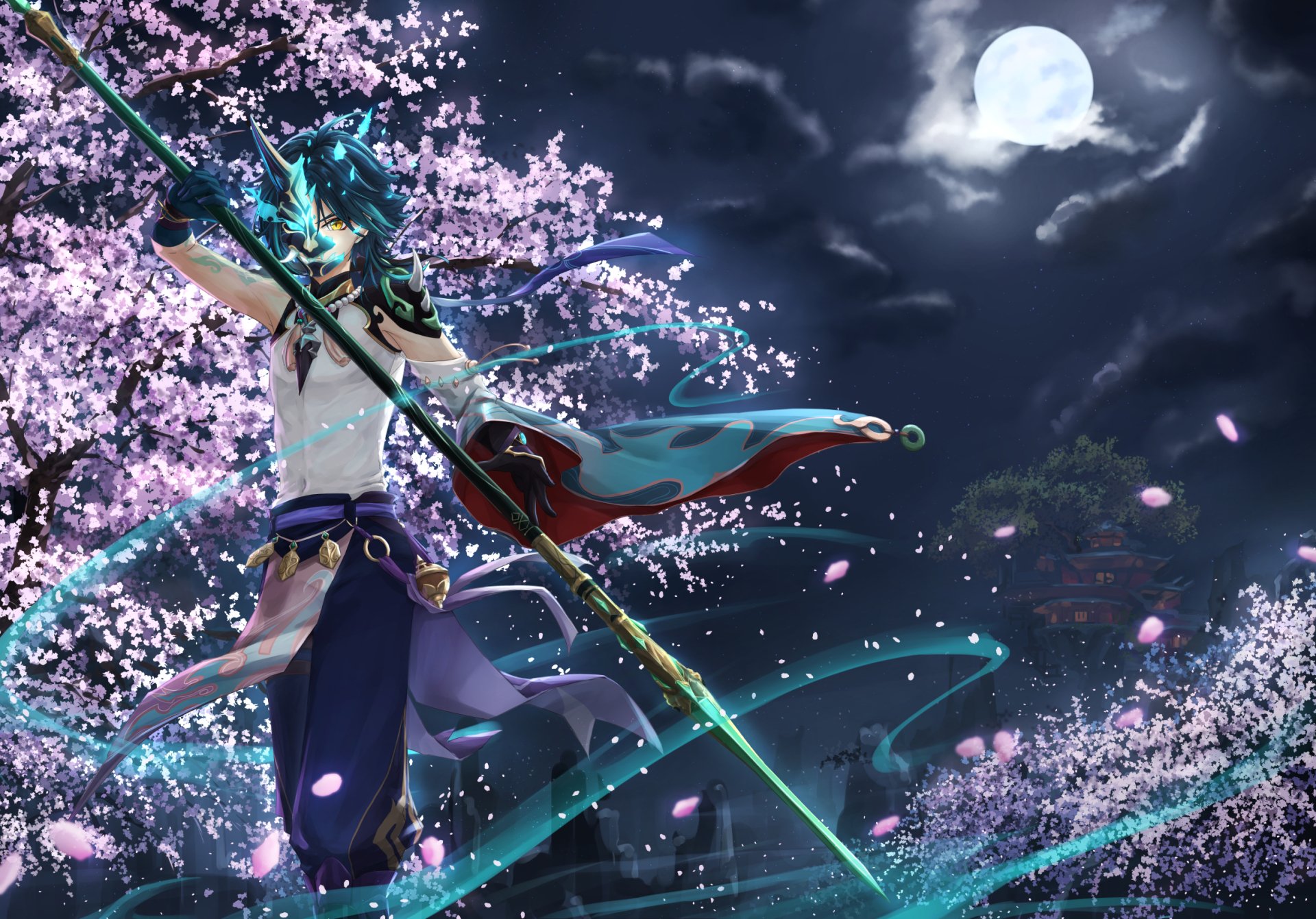HD desktop wallpaper of Xiao from Genshin Impact wielding a spear under a full moon, with green hair, yellow eyes, and cherry blossoms glowing in a nighttime scene.