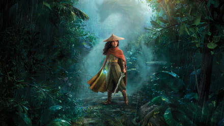 Raya from Raya and the Last Dragon stands confidently in a lush, misty jungle, captured in stunning 8K Ultra HD detail for a PC desktop wallpaper.