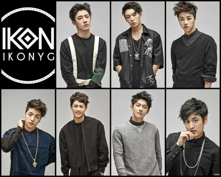 HD wallpaper featuring a collage of individual members from the group iKON, posing in casual fashion for a stylish desktop background.