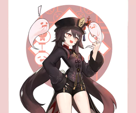 HD desktop wallpaper featuring Hu Tao from the video game Genshin Impact, showcasing her in a playful pose with ghostly spirits in the background.