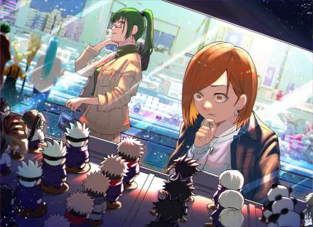 HD desktop wallpaper featuring Nobara Kugisaki and Maki Zenin from Jujutsu Kaisen, set against a vibrant backdrop with festival lights.