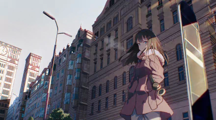 HD anime desktop wallpaper featuring an anime girl standing in front of detailed urban buildings during sunset.