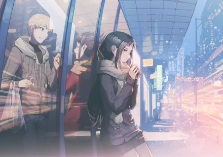 HD anime wallpaper featuring Miyuki Shirogane with blonde hair and jacket, and Kaguya Shinomiya with black hair and scarf, against a glowing cityscape at night from Kaguya-sama: Love is War.