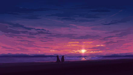 HD desktop wallpaper featuring an anime-style illustration of a cat sitting on a beach at sunrise, with a vibrant sky of purple and pink hues.