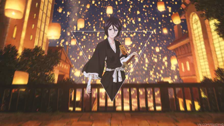 Rukia Kuchiki from Bleach appears in a picture-in-picture style against a glowing cityscape at night, rendered as a 4K Ultra HD PC desktop wallpaper.