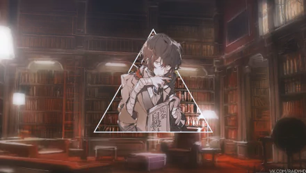 4K Ultra HD anime wallpaper featuring Osamu Dazai from Bungou Stray Dogs, set against a detailed, warm-toned library background with a geometric triangle overlay.