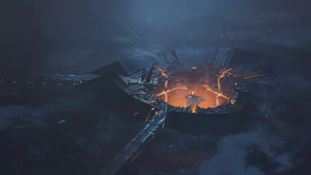 HD sci-fi desktop wallpaper depicting a glowing futuristic structure surrounded by dark, misty terrain under a night sky.