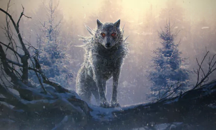 A fierce fantasy wolf with glowing eyes stands on a snow-covered branch in a misty forest, captured in stunning 4K Ultra HD for a PC desktop wallpaper.