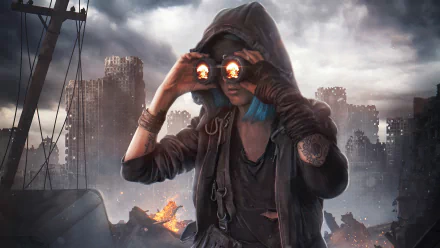 A hooded figure with glowing eyes surveys a ruined cityscape in this 4K Ultra HD sci-fi post-apocalyptic PC desktop wallpaper.