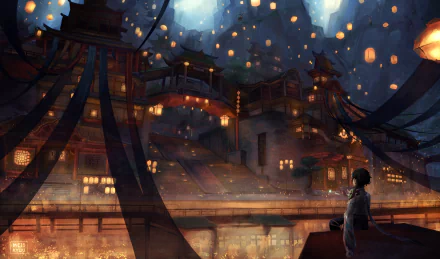4K Ultra HD desktop wallpaper featuring Xiao from Genshin Impact, showcasing a vibrant night scene with glowing lanterns and traditional architecture in a video game setting.
