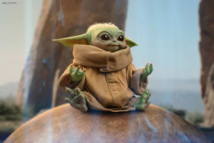 HD desktop wallpaper featuring Grogu, also known as Baby Yoda, from the TV show The Mandalorian in the Star Wars series, sitting on a rock with a serene background.