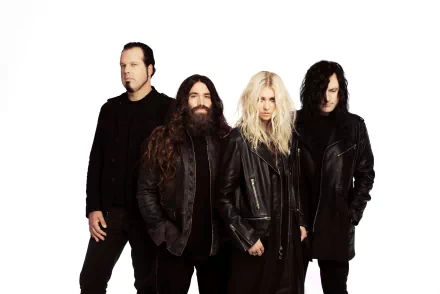 HD desktop wallpaper featuring the rock band The Pretty Reckless with the band members posing against a white background.