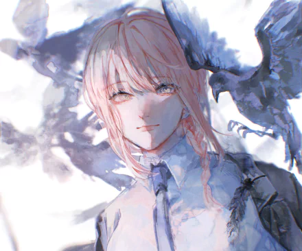 HD anime desktop wallpaper featuring Makima from Chainsaw Man with soft, painterly colors and a subtle, ethereal background.