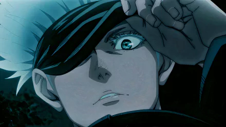 HD desktop wallpaper featuring Satoru Gojo from the anime Jujutsu Kaisen, showcasing him lifting his blindfold, revealing his eye with an intense expression.