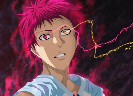 HD PC desktop wallpaper featuring Seijūrō Akashi from the anime Kuroko's Basketball, showcasing his intense gaze and glowing, multicolored eyes.