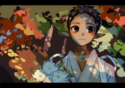 Anime HD PC desktop wallpaper featuring a character from Toilet-bound Hanako-kun surrounded by colorful autumn foliage and holding a bouquet of white flowers.