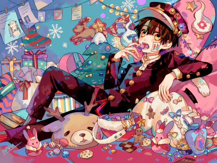 HD anime desktop wallpaper featuring Hanako-kun from Toilet-bound Hanako-kun surrounded by festive holiday decorations and colorful gifts.