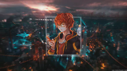 707 (Mystic Messenger) picture-in-picture headphones red hair glasses Anime Mystic Messenger HD Desktop Wallpaper | Background Image