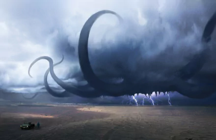 HD PC desktop wallpaper of a fantasy storm: a colossal tentacled cloud creature hovers over a desolate plain as lightning arcs from its underside.