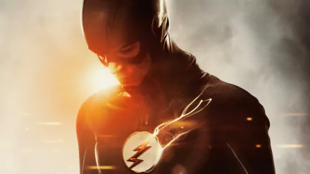 HD desktop wallpaper featuring Grant Gustin as Barry Allen/The Flash in the 2014 TV show The Flash, showcasing the superhero in costume with a dramatic lighting effect.