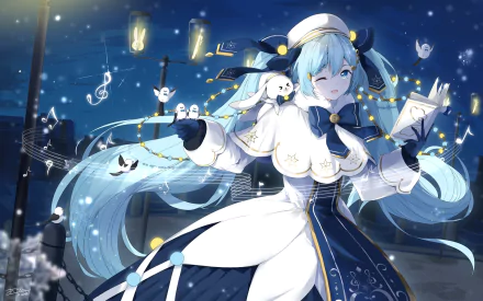 Anime-style Hatsune Miku with aqua eyes and twintails winks in a snowy night, wearing a bunny-themed hat and elegant dress, holding a book amid glowing musical notes.