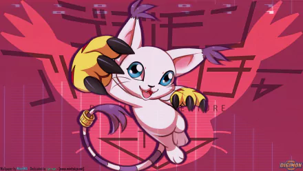 Anime Digimon HD PC desktop wallpaper/background of a playful white, cat-like Digimon with big blue eyes, yellow-tipped gloves and striped tail leaping toward viewer against a magenta digital backdrop