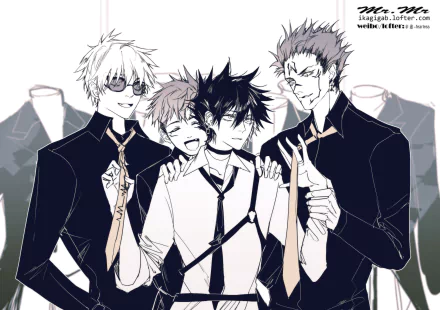 HD PC desktop wallpaper featuring Sukuna, Satoru Gojo, Yuji Itadori, and Megumi Fushiguro from the anime Jujutsu Kaisen in a monochrome style.