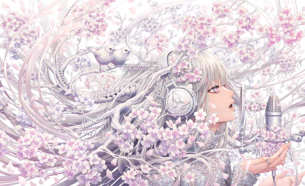 Anime girl with long white hair, wearing headphones and holding a microphone, surrounded by blooming flowers and a small bird, set in a detailed, ethereal scene.