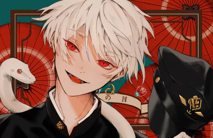 Anime boy HD PC desktop wallpaper: white-haired boy with red eyes and a fanged smile, a white snake on his shoulder and a black cat figure against a red umbrella-patterned background.