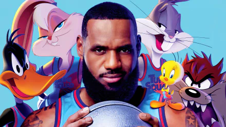 4K Space Jam 2 movie wallpaper: a basketball player holding a ball surrounded by Bugs Bunny, Lola Bunny, Daffy Duck, Tweety and the Tasmanian Devil.