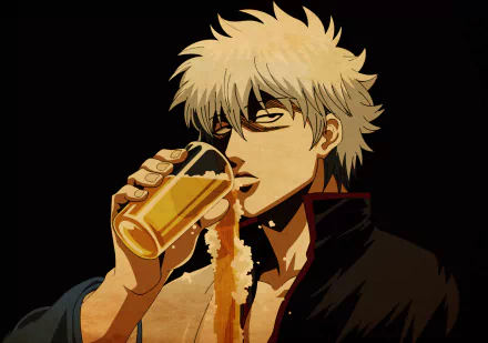 Gintoki Sakata (Gintama) anime HD PC desktop wallpaper: moody close-up of him drinking beer, amber liquid spilling on his bare chest against a dark background.