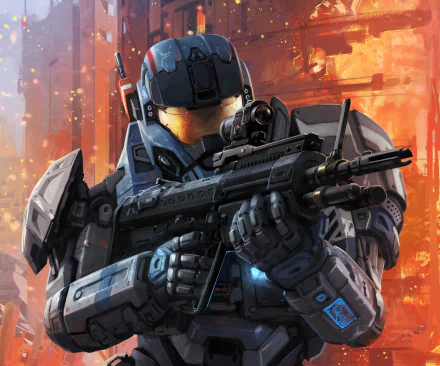 HD PC desktop wallpaper of a Halo: Reach Spartan warrior in power armor aiming a rifle amid a fiery, war-torn city — weapon-focused video game action.