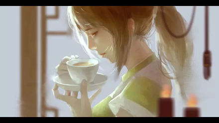 4K Ultra HD PC anime wallpaper: Chihiro (Spirited Away) in soft light, eyes closed, holding a steaming teacup against a warm, candlelit background.